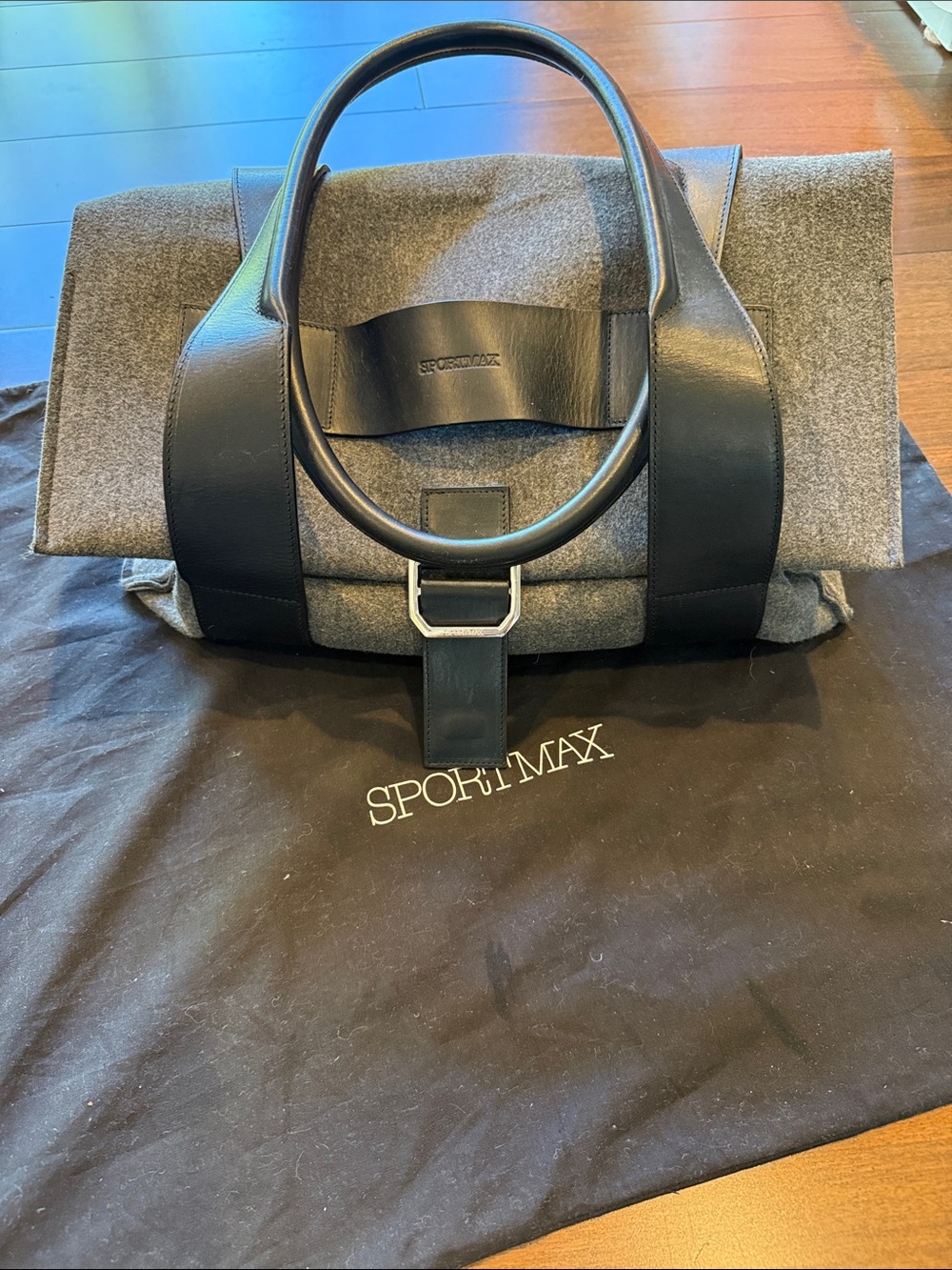 Sportmax Gray and Black Wool & Leather Duffel Bag